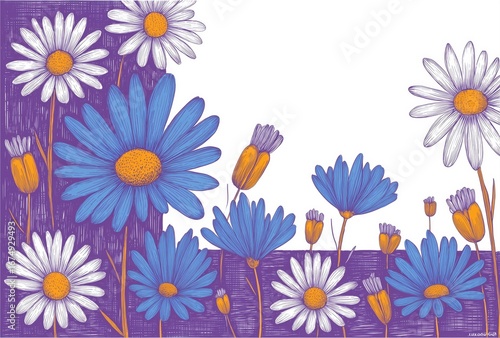 Colorful floral illustration featuring blue and white daisies against a vibrant background.