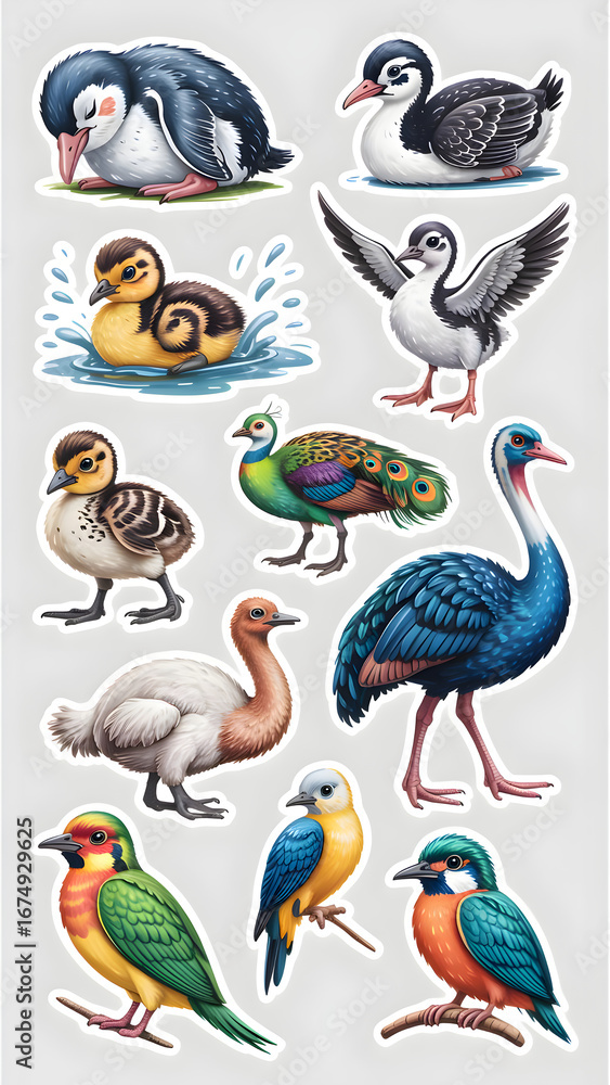 Fototapeta premium Colorful Collection of Bird Stickers Showcasing Diverse Species in Vibrant Detail