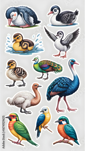 Colorful Collection of Bird Stickers Showcasing Diverse Species in Vibrant Detail
