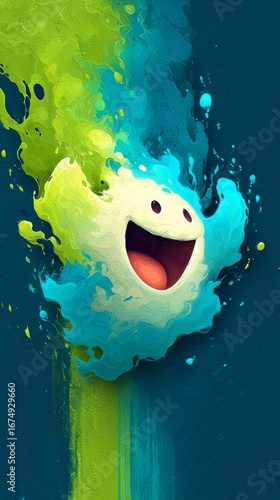 A joyful blue and green animated character with a smiling face and vibrant colors.