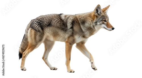 Captivating coyote portrait showcasing detailed fur and focused gaze in natural environment, standing out against a clean white backdrop