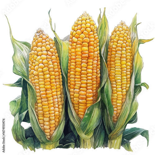 Harvest Corn Stalks, watercolor painting vector, isolated on a white background.
