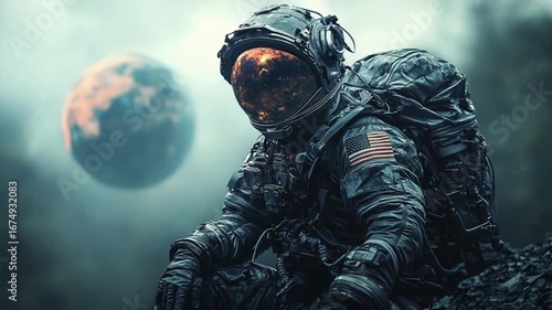 Astronaut on a ruined Earth