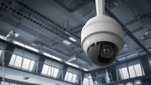 Modern security camera mounted high in a commercial building.