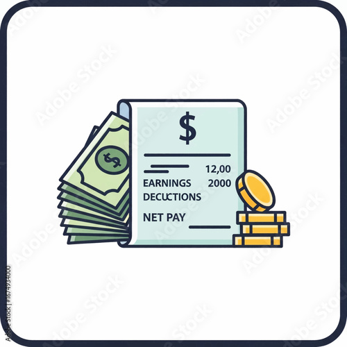 Financial illustration showing a pay slip with earnings and deductions, accompanied by stacks of banknotes and gold coins.