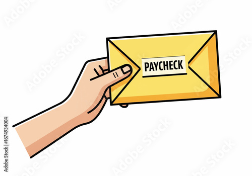 A hand holding a yellow envelope labeled "PAYCHECK", representing financial compensation.