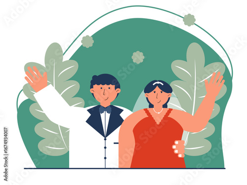 Beautiful husband and wife posing at their wedding. Wedding illustration. Flat vector illustration.