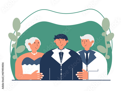 The happy groom and his bridesmaids enter the wedding venue elegantly. Wedding illustration. Flat vector illustration.