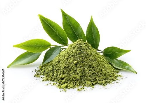 Fresh green tea powder, pile with leaves