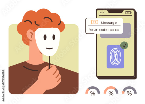 Person with mask symbolizing online identity. Smartphone screen shows biometric authentication, message verification, and progress indicators. Ideal for identity, security, privacy, fraud detection