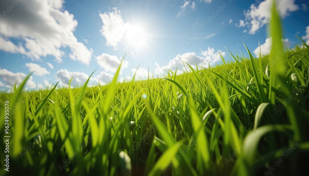 Obraz premium Sunlight and Clouds Overhead Illuminating a Field of Vibrant Green Grass Blades in a Serene Outdoor Environment