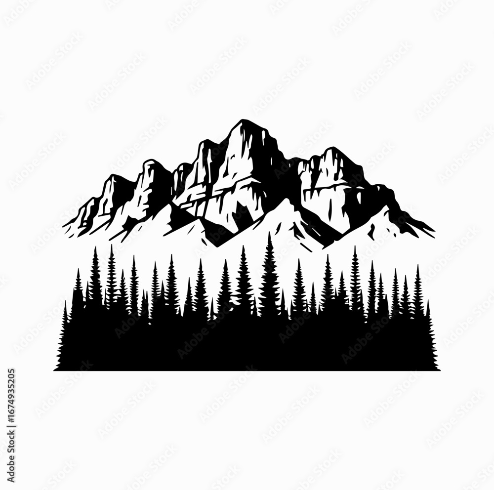 Fototapeta premium Pine Forest with Mountains Silhouette – Canadian Wilderness Landscape