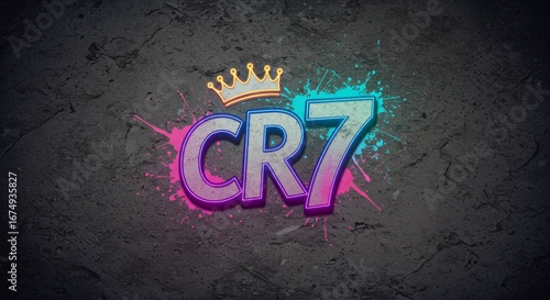 Cr7 neon letters with crown on dark concrete background
