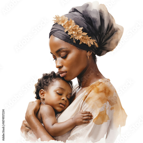 Mother holding her sleeping baby in her arms, watercolor style isolated on transparent background
