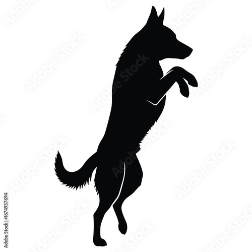 Dynamic black silhouette of a German Shepherd dog jumping up and playing, isolated on a white background
