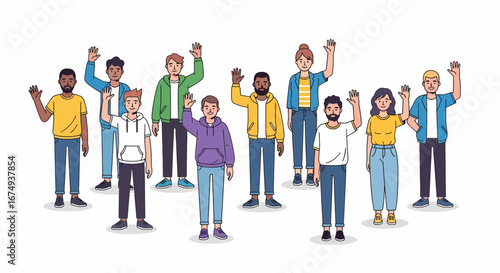 Diverse group of people waving hello, welcoming community, friendly gesture