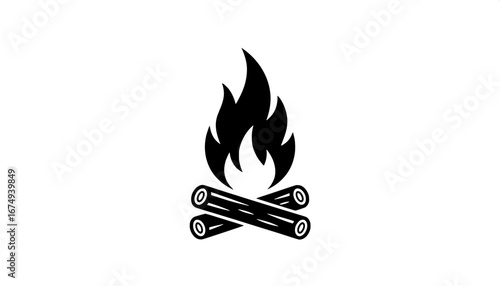 Campfire Illustration of Logs with Flames, Black and White Fire Pit Image
