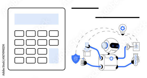 Robot performing multitasking with calculator, idea bulb, envelope, shield, and flask. Ideal for technology, AI, automation innovation productivity problem-solving futuristic concepts. Simple