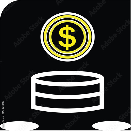 A minimalist icon featuring a bright yellow dollar coin being deposited into a white coin stack. Ideal for financial apps, presentations, and websites focusing on savings, deposits, and investment.