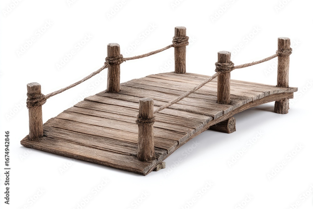 Obraz premium Miniature wooden bridge, weathered brown tones, rope railing, isolated white background