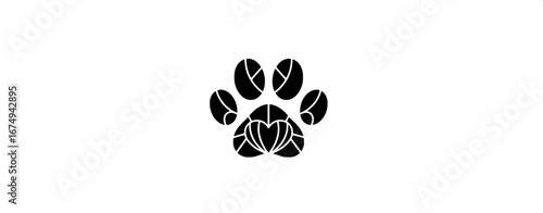A creative logo design featuring a dog paw print with a coffee bean heart, symbolizing love for pets and coffee