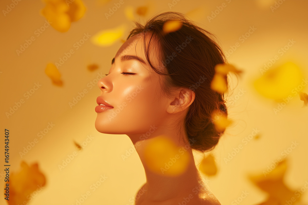 Fototapeta premium 舞い踊る紅葉と黄金カラーの中で映える美肌ポートレート（季節感 ビューティー 美的）