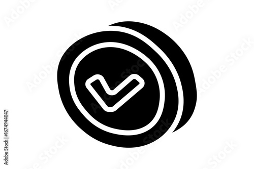 The image shows a bold black and white abstract icon. At the center, there is a check mark (✔) enclosed inside an oval or circular shape.