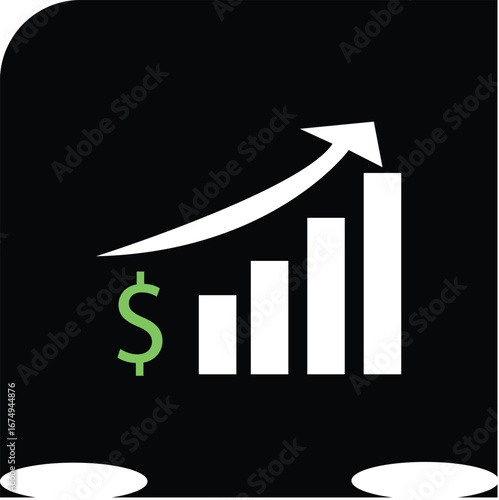 A minimalist icon featuring a rising bar chart with an upward arrow and a green dollar sign, symbolizing profitable financial growth. Ideal for use in financial apps, presentations, and business uses.