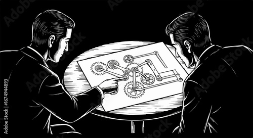 Two businessmen analyzing a complex gear mechanism diagram.