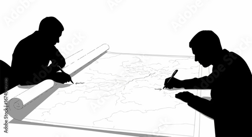 Two men in silhouette planning and drawing on a large map.