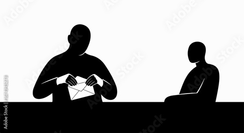 Minimalist silhouette of a person opening an envelope at a desk.