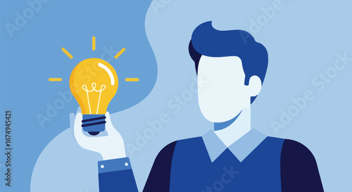 Man holding a lightbulb, symbolizing a new idea or solution.