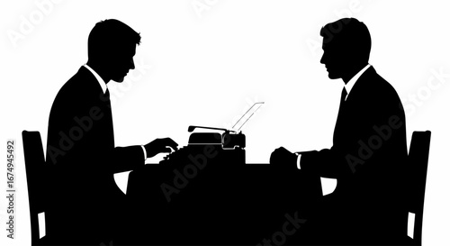 Silhouette of two businessmen at a desk with a typewriter.