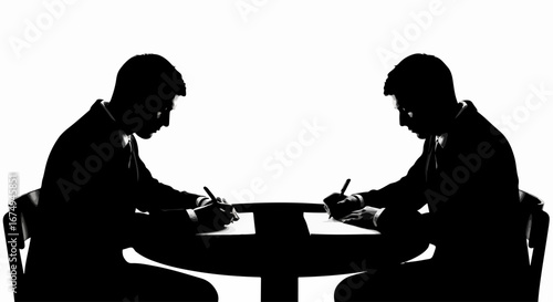 Silhouette of two businessmen signing a contract at a table.