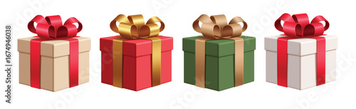 Christmas gifts elements clipart set. Christmas gift boxes clip art 3d collection with elegant ribbon tie decoration for seasonal ornaments graphic design vector illustration.

