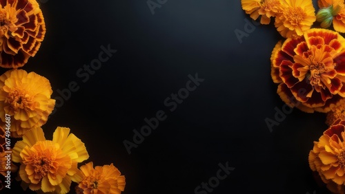 Dramatic Orange and Bicolored Marigolds Framing a Deep Black Background with Ample Copy Space