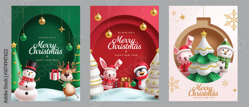 Christmas greeting card clipart poster set. Merry Christmas and Happy New Year invitation card with cute snowman, reindeer, bunny and penguin characters in paper cut template collection vector 