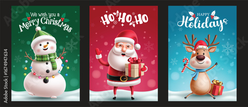 Christmas character greeting card clipart poster set. Merry Christmas invitation card with Snowman, Santa Claus and Reindeer character clip art for holiday season template collection vector 