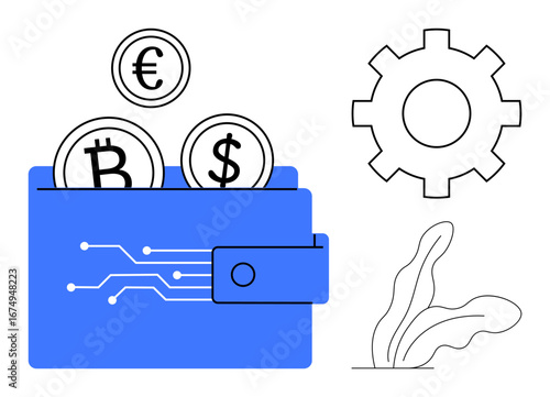 Blue digital wallet with euro, bitcoin, and dollar coins, circuit patterns, gear symbol, and minimalist plant. Ideal for finance, cryptocurrency, technology fintech innovation economy investment
