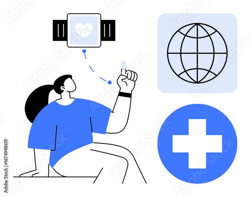 Woman gesturing towards wearable device, global connectivity, and healthcare safety cross. Ideal for health monitoring, technology, wellness trends, telemedicine, fitness, data sharing modern care