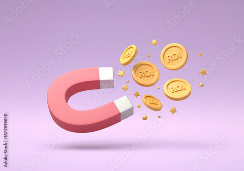 Horseshoe magnet attracting golden coins gold coins