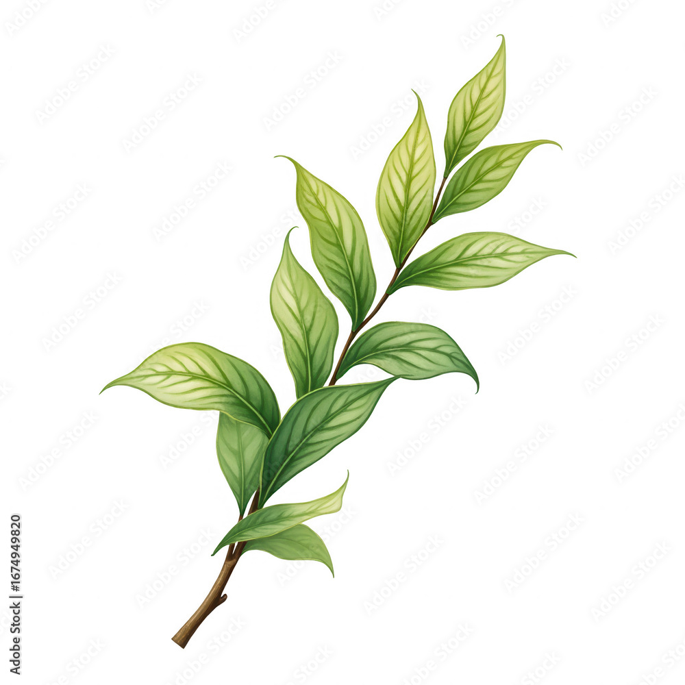 Fototapeta premium A delicate branch with vibrant green leaves, highlighted by soft shading, sits against a striking black background.