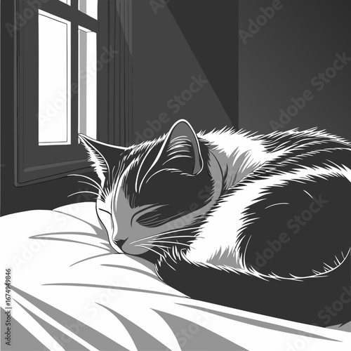 A peaceful black and white cat sleeps soundly on a soft pillow next to a sunlit window, captured in a serene illustration style