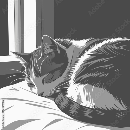 Stylized black and white illustration of a peaceful domestic cat sleeping soundly on a pillow in a warm sunbeam by the window