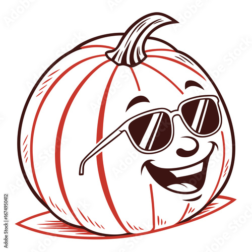A cheerful and cool cartoon pumpkin wearing stylish sunglasses, embodying a fun, laid-back summer concept with a wide, happy smile and relaxed posture