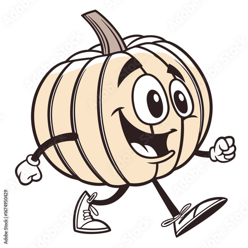 Cheerful pumpkin cartoon character joyfully walking forward and expressing happiness