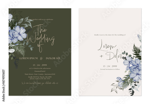 Wedding invitation and save the date template set with a minimalist design and watercolor illustrations of Cape leadwort flowers and variety of dark green leaves on a dark olive green background
