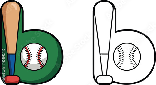 Letter B integrates baseball elements with a bat and ball forming alphabet design