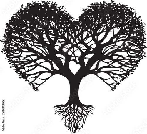 Silhouette of a Loving Tree: A striking silhouette depicts a tree whose branches and roots intertwine to form a heart, symbolizing love, growth, and connection in nature.
