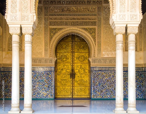 Ornate doorway with golden doors and intricate designs